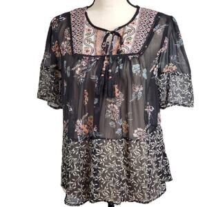 Knox Rose Bohemian Peasant Floral Short Sleeve Tunic Top Small